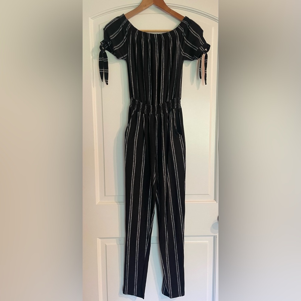 Derek Heart Black Jumpsuit with White Vertical Stripes